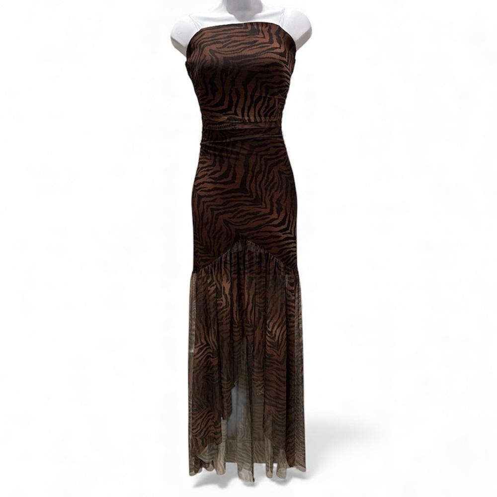 NWOT Katia Rea-  Ruched Waist Brown & Black Zebra Print Maxi Dress